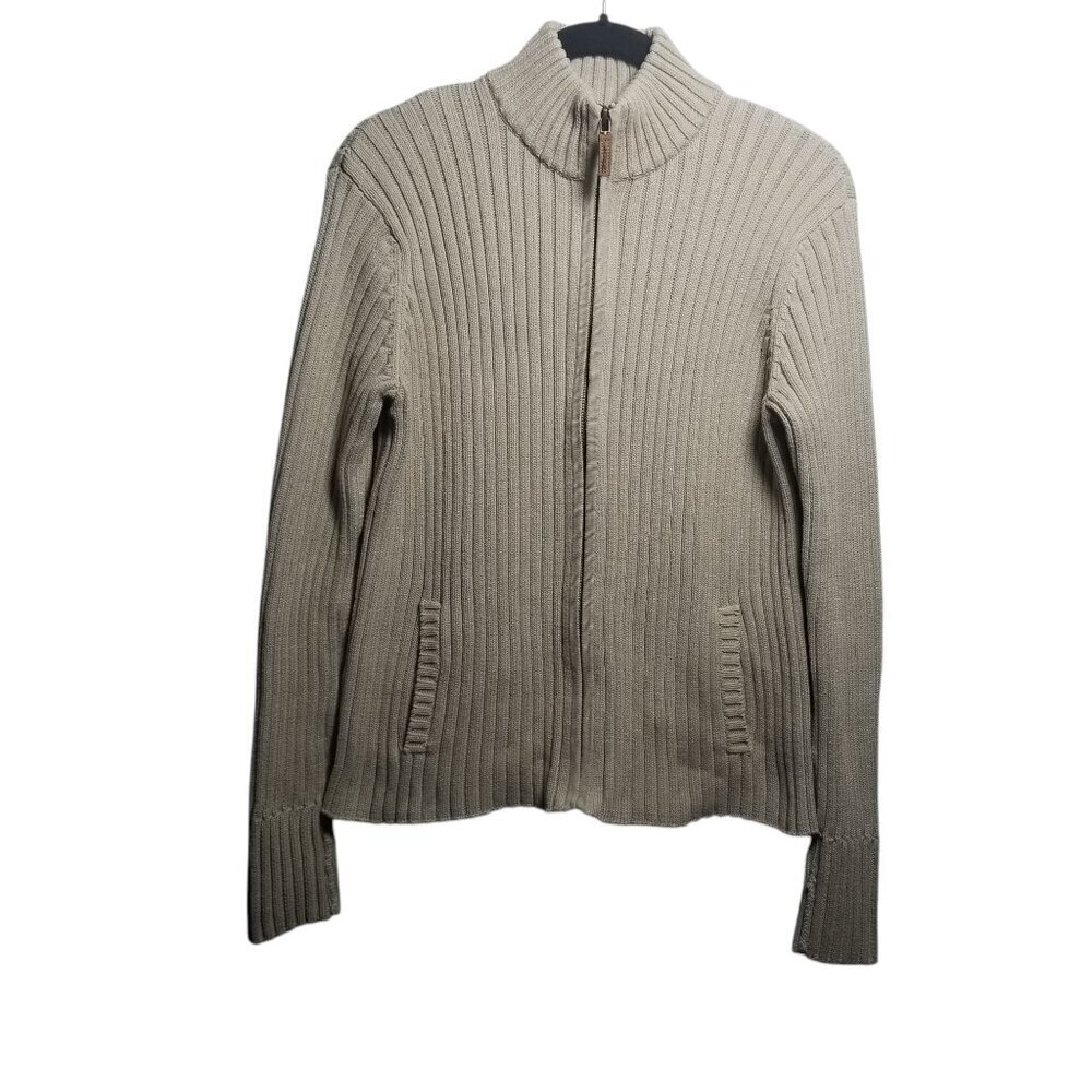 Ralph Lauren Beige/ Taupe Ribbed Zip-Front Cardigan Sweater. Sz L